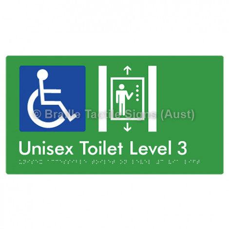 Braille Sign Unisex Accessible Toilet on Level 3 Via Lift - Braille Tactile Signs Aust. - BTS276-03-grn - Custom Signs - Fast Shipping - High Quality - Australian Made &amp; Owned