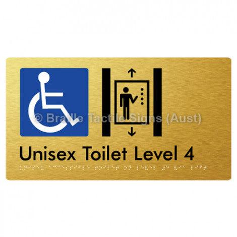 Braille Sign Unisex Accessible Toilet on Level 4 Via Lift - Braille Tactile Signs Aust. - BTS276-04-aliG - Custom Signs - Fast Shipping - High Quality - Australian Made &amp; Owned