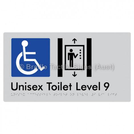 Braille Sign Unisex Accessible Toilet on Level 9 Via Lift - Braille Tactile Signs Aust. - BTS276-09-slv - Custom Signs - Fast Shipping - High Quality - Australian Made &amp; Owned