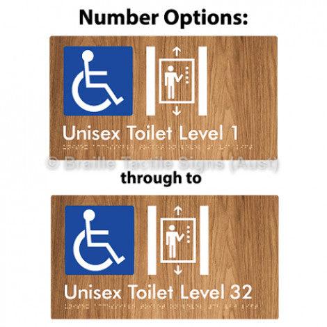 Braille Sign Unisex Accessible Toilet on Level # Via Lift (Opt.# G&1, 1-32) 1 - Braille Tactile Signs Aust. - BTS276-#-wdg - Custom Signs - Fast Shipping - High Quality - Australian Made &amp; Owned