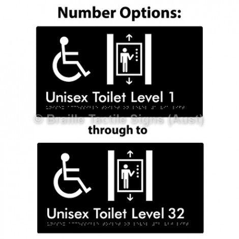 Braille Sign Unisex Accessible Toilet on Level # Via Lift (Opt.# G&1, 1-32) 1 - Braille Tactile Signs Aust. - BTS276-#-blk - Custom Signs - Fast Shipping - High Quality - Australian Made &amp; Owned