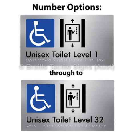 Braille Sign Unisex Accessible Toilet on Level # Via Lift (Opt.# G&1, 1-32) 1 - Braille Tactile Signs Aust. - BTS276-#-aliS - Custom Signs - Fast Shipping - High Quality - Australian Made &amp; Owned