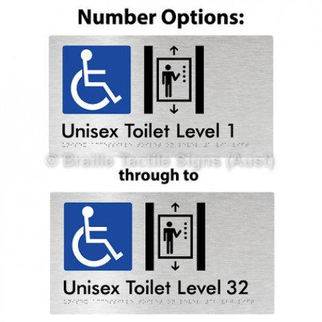 Braille Sign Unisex Accessible Toilet on Level # Via Lift (Opt.# G&1, 1-32) 1 - Braille Tactile Signs Aust. - BTS276-#-aliB - Custom Signs - Fast Shipping - High Quality - Australian Made &amp; Owned