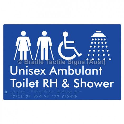 Braille Sign Unisex Accessible Toilet RH, Ambulant Toilet and Shower - Braille Tactile Signs Aust. - BTS343RH-blu - Custom Signs - Fast Shipping - High Quality - Australian Made &amp; Owned