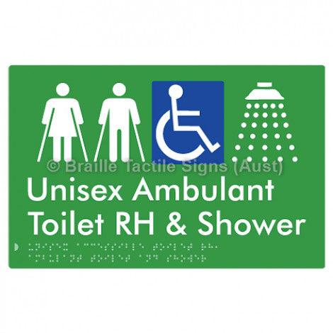 Braille Sign Unisex Accessible Toilet RH, Ambulant Toilet and Shower - Braille Tactile Signs Aust. - BTS343RH-grn - Custom Signs - Fast Shipping - High Quality - Australian Made &amp; Owned