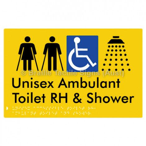 Braille Sign Unisex Accessible Toilet RH, Ambulant Toilet and Shower - Braille Tactile Signs Aust. - BTS343RH-yel - Custom Signs - Fast Shipping - High Quality - Australian Made &amp; Owned