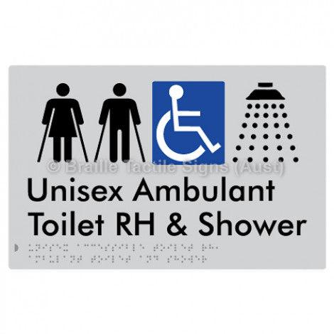 Braille Sign Unisex Accessible Toilet RH, Ambulant Toilet and Shower - Braille Tactile Signs Aust. - BTS343RH-slv - Custom Signs - Fast Shipping - High Quality - Australian Made &amp; Owned