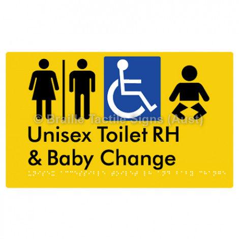 Braille Sign Unisex Accessible Toilet RH and Baby Change w/ Air Lock - Braille Tactile Signs Aust. - BTS33RHn-AL-yel - Custom Signs - Fast Shipping - High Quality - Australian Made &amp; Owned