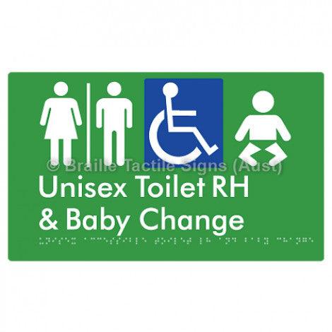 Braille Sign Unisex Accessible Toilet RH and Baby Change w/ Air Lock - Braille Tactile Signs Aust. - BTS33RHn-AL-grn - Custom Signs - Fast Shipping - High Quality - Australian Made &amp; Owned