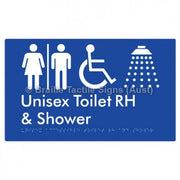 Braille Sign Unisex Accessible Toilet RH & Shower w/ Air Lock - Braille Tactile Signs Aust. - BTS35RHn-AL-blu - Custom Signs - Fast Shipping - High Quality - Australian Made &amp; Owned