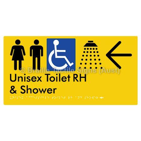 Braille Sign Unisex Accessible Toilet RH & Shower w/ Large Arrow: - Braille Tactile Signs Aust. - BTS35RHn->L-yel - Custom Signs - Fast Shipping - High Quality - Australian Made &amp; Owned