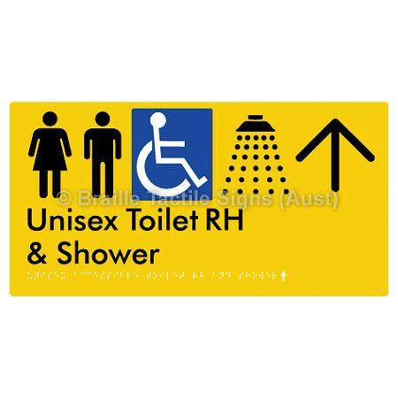 Braille Sign Unisex Accessible Toilet RH & Shower w/ Large Arrow: - Braille Tactile Signs Aust. - BTS35RHn->U-yel - Custom Signs - Fast Shipping - High Quality - Australian Made &amp; Owned