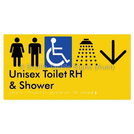 Braille Sign Unisex Accessible Toilet RH & Shower w/ Large Arrow: - Braille Tactile Signs Aust. - BTS35RHn->D-yel - Custom Signs - Fast Shipping - High Quality - Australian Made &amp; Owned