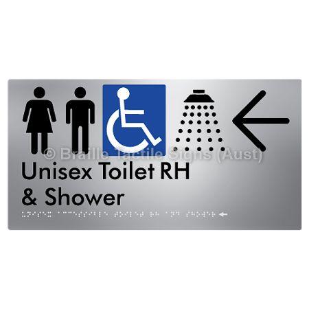 Braille Sign Unisex Accessible Toilet RH & Shower w/ Large Arrow: - Braille Tactile Signs Aust. - BTS35RHn->L-aliS - Custom Signs - Fast Shipping - High Quality - Australian Made &amp; Owned