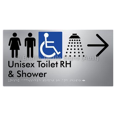 Braille Sign Unisex Accessible Toilet RH & Shower w/ Large Arrow: - Braille Tactile Signs Aust. - BTS35RHn->R-aliS - Custom Signs - Fast Shipping - High Quality - Australian Made &amp; Owned