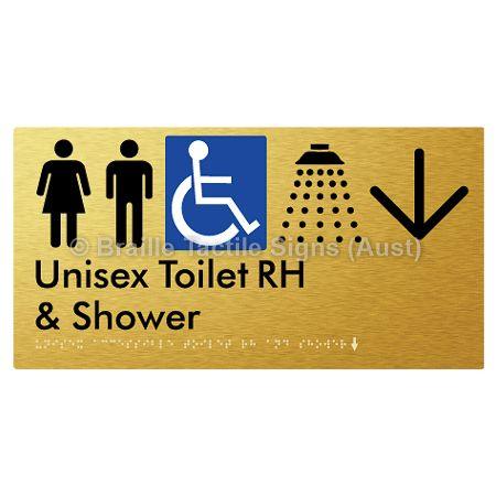 Braille Sign Unisex Accessible Toilet RH & Shower w/ Large Arrow: - Braille Tactile Signs Aust. - BTS35RHn->D-aliG - Custom Signs - Fast Shipping - High Quality - Australian Made &amp; Owned