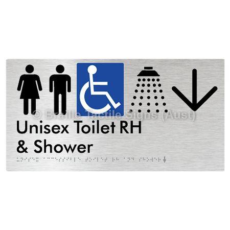 Braille Sign Unisex Accessible Toilet RH & Shower w/ Large Arrow: - Braille Tactile Signs Aust. - BTS35RHn->L-blu - Custom Signs - Fast Shipping - High Quality - Australian Made &amp; Owned