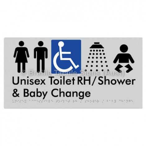 Braille Sign Unisex Accessible Toilet RH / Shower / Baby Change - Braille Tactile Signs Aust. - BTS83RHn-slv - Custom Signs - Fast Shipping - High Quality - Australian Made &amp; Owned