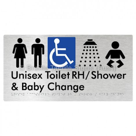 Braille Sign Unisex Accessible Toilet RH / Shower / Baby Change - Braille Tactile Signs Aust. - BTS83RHn-aliB - Custom Signs - Fast Shipping - High Quality - Australian Made &amp; Owned