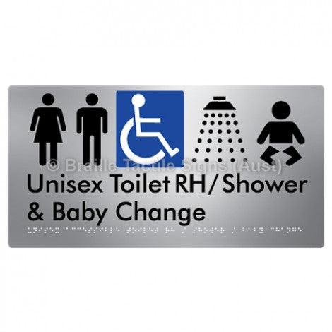 Braille Sign Unisex Accessible Toilet RH / Shower / Baby Change - Braille Tactile Signs Aust. - BTS83RHn-aliS - Custom Signs - Fast Shipping - High Quality - Australian Made &amp; Owned