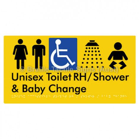 Braille Sign Unisex Accessible Toilet RH / Shower / Baby Change - Braille Tactile Signs Aust. - BTS83RHn-yel - Custom Signs - Fast Shipping - High Quality - Australian Made &amp; Owned