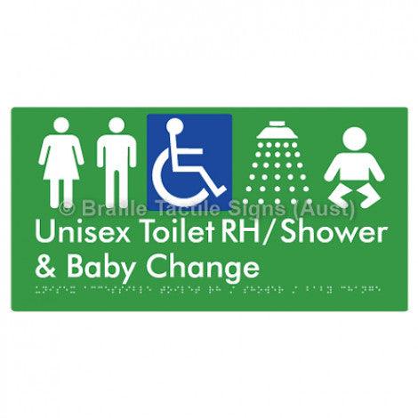 Braille Sign Unisex Accessible Toilet RH / Shower / Baby Change - Braille Tactile Signs Aust. - BTS83RHn-grn - Custom Signs - Fast Shipping - High Quality - Australian Made &amp; Owned