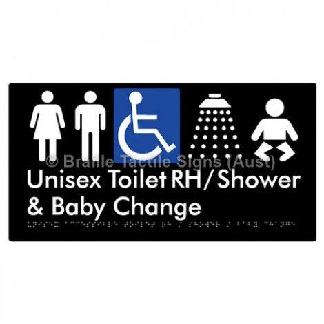 Braille Sign Unisex Accessible Toilet RH / Shower / Baby Change - Braille Tactile Signs Aust. - BTS83RHn-blk - Custom Signs - Fast Shipping - High Quality - Australian Made &amp; Owned