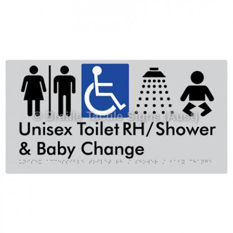 Braille Sign Unisex Accessible Toilet RH / Shower / Baby Change w/ Air Lock - Braille Tactile Signs Aust. - BTS83RHn-AL-slv - Custom Signs - Fast Shipping - High Quality - Australian Made &amp; Owned