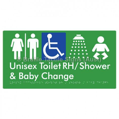 Braille Sign Unisex Accessible Toilet RH / Shower / Baby Change w/ Air Lock - Braille Tactile Signs Aust. - BTS83RHn-AL-grn - Custom Signs - Fast Shipping - High Quality - Australian Made &amp; Owned