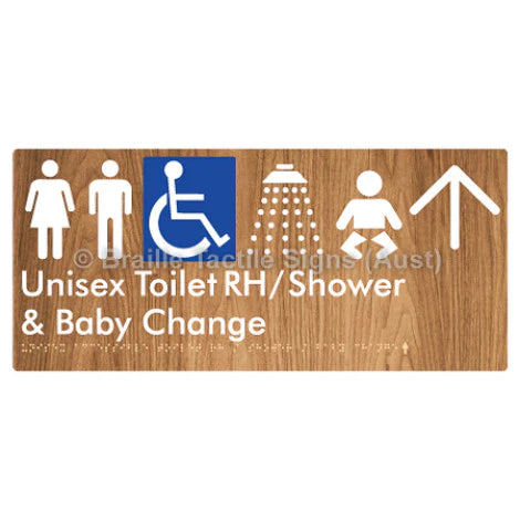 Braille Sign Unisex Accessible Toilet RH / Shower / Baby Change w/ Large Arrow: - Braille Tactile Signs Aust. - BTS83RHn->L-blu - Custom Signs - Fast Shipping - High Quality - Australian Made &amp; Owned