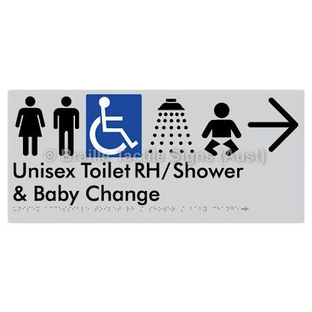 Braille Sign Unisex Accessible Toilet RH / Shower / Baby Change w/ Large Arrow: - Braille Tactile Signs Aust. - BTS83RHn->R-slv - Custom Signs - Fast Shipping - High Quality - Australian Made &amp; Owned