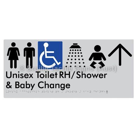 Braille Sign Unisex Accessible Toilet RH / Shower / Baby Change w/ Large Arrow: - Braille Tactile Signs Aust. - BTS83RHn->U-slv - Custom Signs - Fast Shipping - High Quality - Australian Made &amp; Owned