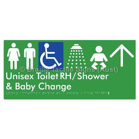 Braille Sign Unisex Accessible Toilet RH / Shower / Baby Change w/ Large Arrow: - Braille Tactile Signs Aust. - BTS83RHn->U-grn - Custom Signs - Fast Shipping - High Quality - Australian Made &amp; Owned