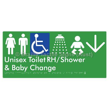 Braille Sign Unisex Accessible Toilet RH / Shower / Baby Change w/ Large Arrow: - Braille Tactile Signs Aust. - BTS83RHn->D-grn - Custom Signs - Fast Shipping - High Quality - Australian Made &amp; Owned