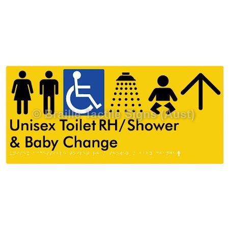 Braille Sign Unisex Accessible Toilet RH / Shower / Baby Change w/ Large Arrow: - Braille Tactile Signs Aust. - BTS83RHn->U-yel - Custom Signs - Fast Shipping - High Quality - Australian Made &amp; Owned