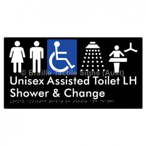 Braille Sign Unisex Assisted Toilet LH Shower & Change - Braille Tactile Signs Aust. - BTS307LH-blk - Custom Signs - Fast Shipping - High Quality - Australian Made &amp; Owned