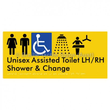 Braille Sign Unisex Assisted Toilet LH/RH Shower and Change - Braille Tactile Signs Aust. - BTS307LH-RH-yel - Custom Signs - Fast Shipping - High Quality - Australian Made &amp; Owned