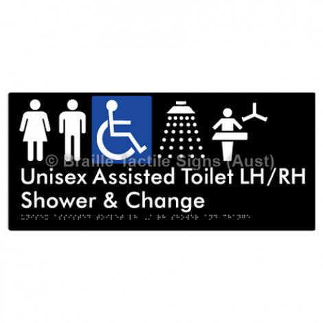 Braille Sign Unisex Assisted Toilet LH/RH Shower and Change - Braille Tactile Signs Aust. - BTS307LH-RH-blk - Custom Signs - Fast Shipping - High Quality - Australian Made &amp; Owned