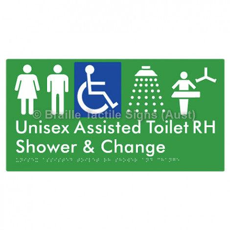 Braille Sign Unisex Assisted Toilet RH Shower & Change - Braille Tactile Signs Aust. - BTS307RH-grn - Custom Signs - Fast Shipping - High Quality - Australian Made &amp; Owned