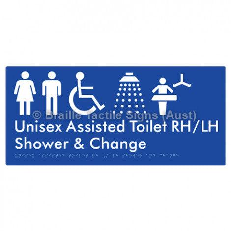 Braille Sign Unisex Assisted Toilet RH/LH Shower and Change - Braille Tactile Signs Aust. - BTS307RH-LH-blu - Custom Signs - Fast Shipping - High Quality - Australian Made &amp; Owned