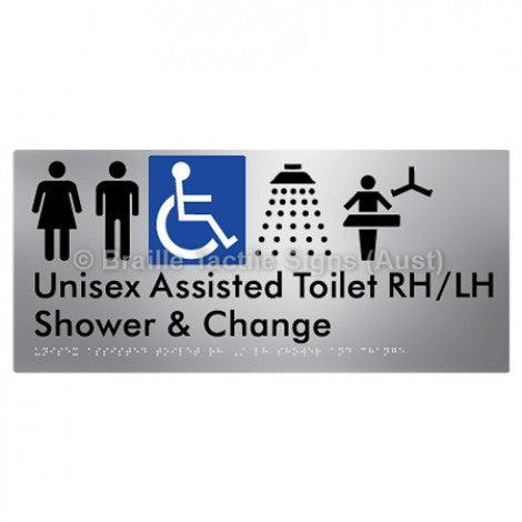 Braille Sign Unisex Assisted Toilet RH/LH Shower and Change - Braille Tactile Signs Aust. - BTS307RH-LH-aliS - Custom Signs - Fast Shipping - High Quality - Australian Made &amp; Owned