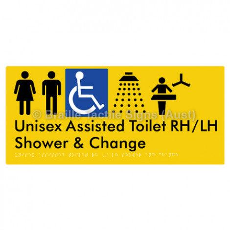 Braille Sign Unisex Assisted Toilet RH/LH Shower and Change - Braille Tactile Signs Aust. - BTS307RH-LH-yel - Custom Signs - Fast Shipping - High Quality - Australian Made &amp; Owned