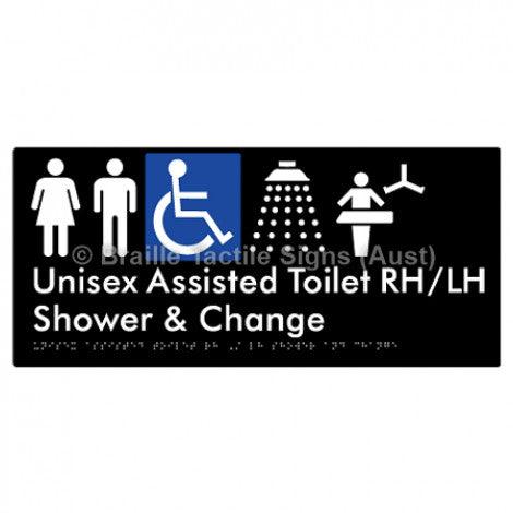 Braille Sign Unisex Assisted Toilet RH/LH Shower and Change - Braille Tactile Signs Aust. - BTS307RH-LH-blk - Custom Signs - Fast Shipping - High Quality - Australian Made &amp; Owned