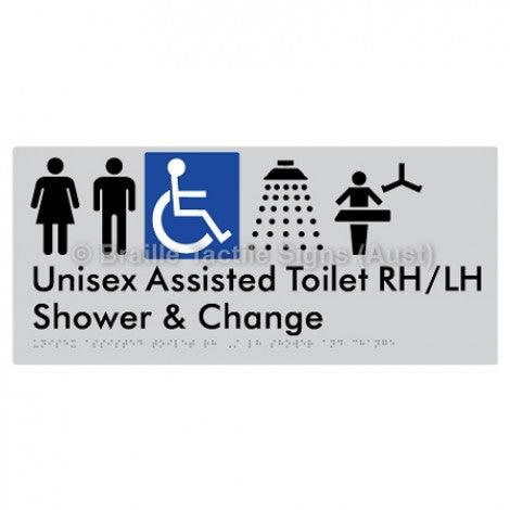 Braille Sign Unisex Assisted Toilet RH/LH Shower and Change - Braille Tactile Signs Aust. - BTS307RH-LH-slv - Custom Signs - Fast Shipping - High Quality - Australian Made &amp; Owned