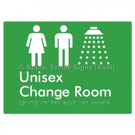 Braille Sign Unisex Change Room and Shower - Braille Tactile Signs Aust. - BTS376-grn - Custom Signs - Fast Shipping - High Quality - Australian Made &amp; Owned