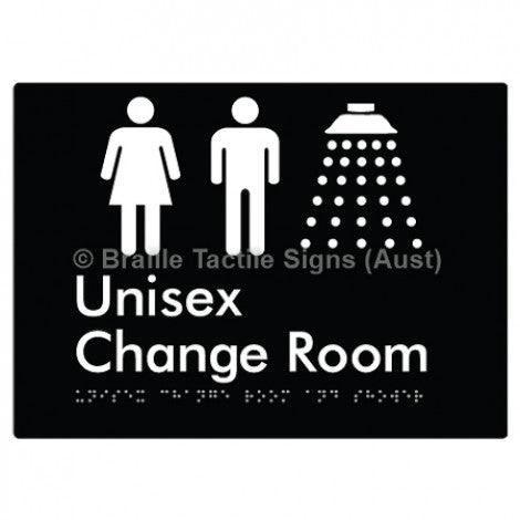 Braille Sign Unisex Change Room and Shower - Braille Tactile Signs Aust. - BTS376-blk - Custom Signs - Fast Shipping - High Quality - Australian Made &amp; Owned