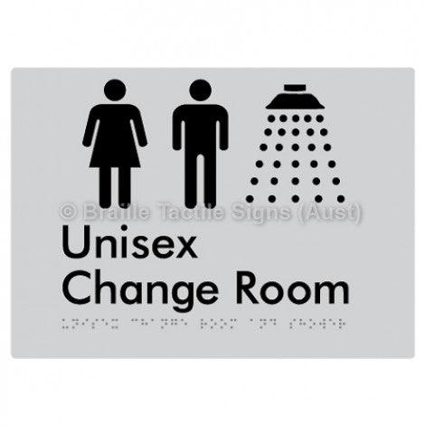 Braille Sign Unisex Change Room and Shower - Braille Tactile Signs Aust. - BTS376-slv - Custom Signs - Fast Shipping - High Quality - Australian Made &amp; Owned