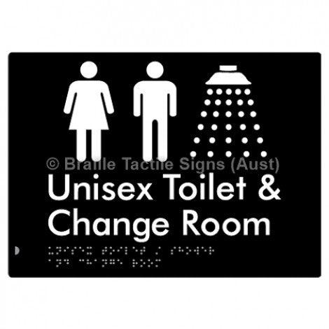 Braille Sign Unisex Toilet / Shower & Change Room - Braille Tactile Signs Aust. - BTS284-blk - Custom Signs - Fast Shipping - High Quality - Australian Made &amp; Owned