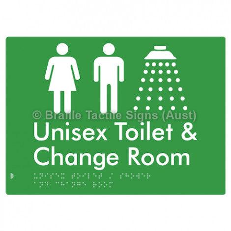 Braille Sign Unisex Toilet / Shower & Change Room - Braille Tactile Signs Aust. - BTS284-grn - Custom Signs - Fast Shipping - High Quality - Australian Made &amp; Owned