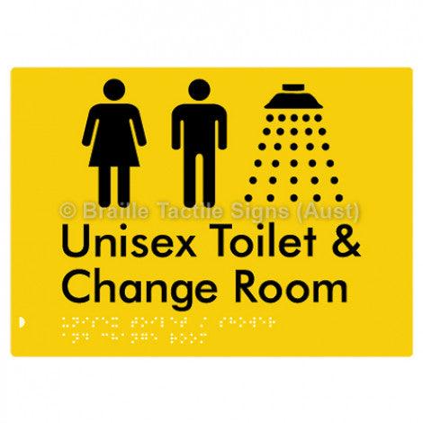 Braille Sign Unisex Toilet / Shower & Change Room - Braille Tactile Signs Aust. - BTS284-yel - Custom Signs - Fast Shipping - High Quality - Australian Made &amp; Owned